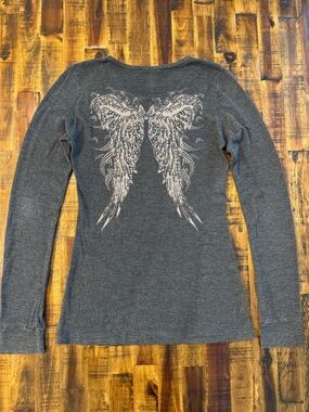 Whimsy goth y2k long sleeve gray top by Tparty women's sz M Wings rhinestones